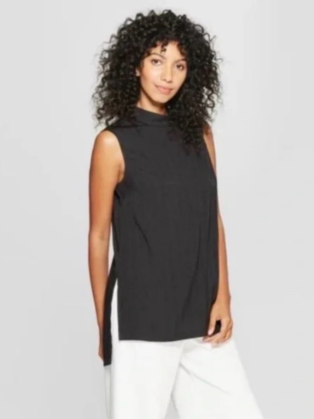 Prologue Women's Sleeveless Mock Neck Woven Textured Shell Top Black Sz S Career